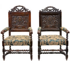 Pair Of 19th Century Antique Carved Oak Armchairs