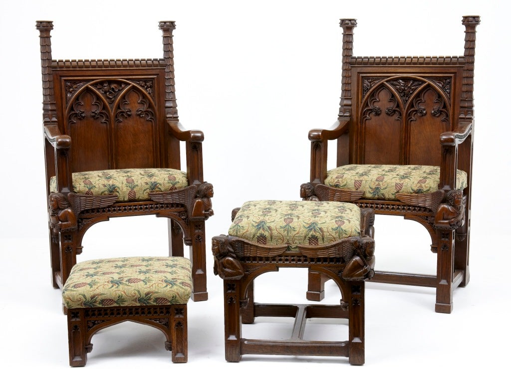 19th Century Antique Gothic Pair Of Chairs And Matching Stools