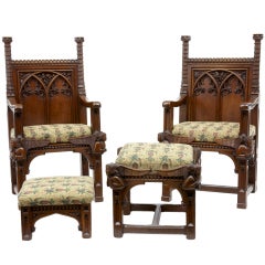 19th Century Antique Gothic Pair Of Chairs And Matching Stools