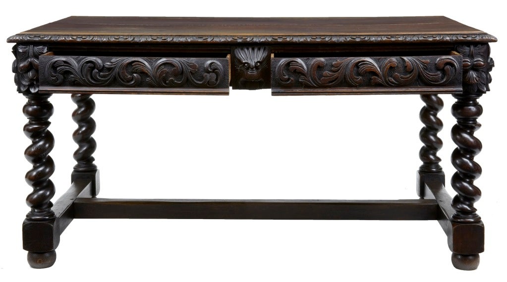 English 19th Century Antique Carved Oak Lions Head Desk Table