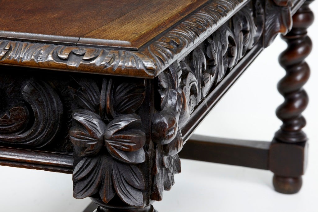 19th Century Antique Carved Oak Lions Head Desk Table 1