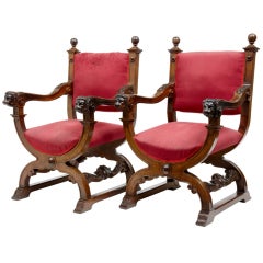 A Fine Pair Of 19th Century Solid Walnut Antique Throne Armchair