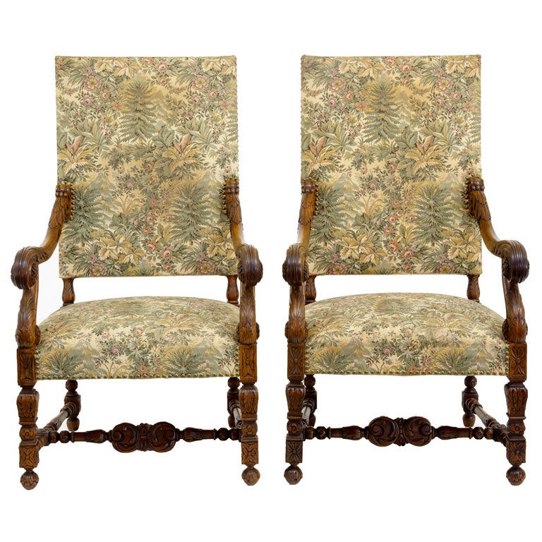 Pair Of 19th Century Antique French Walnut Throne Armchairs