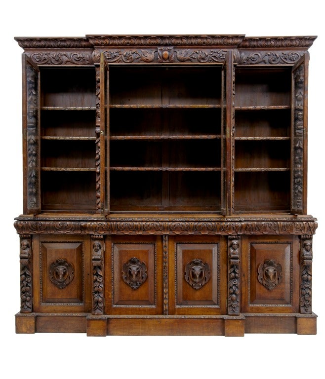 Massive 19th Century Carved Oak Breakfront Bookcase