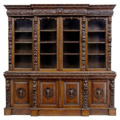Antique Massive 19th Century Carved Oak Breakfront Bookcase