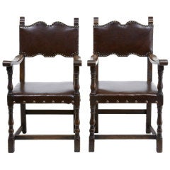Antique Pair Of Late 19th Century Oak And Elm Commonwealth Leather Chair