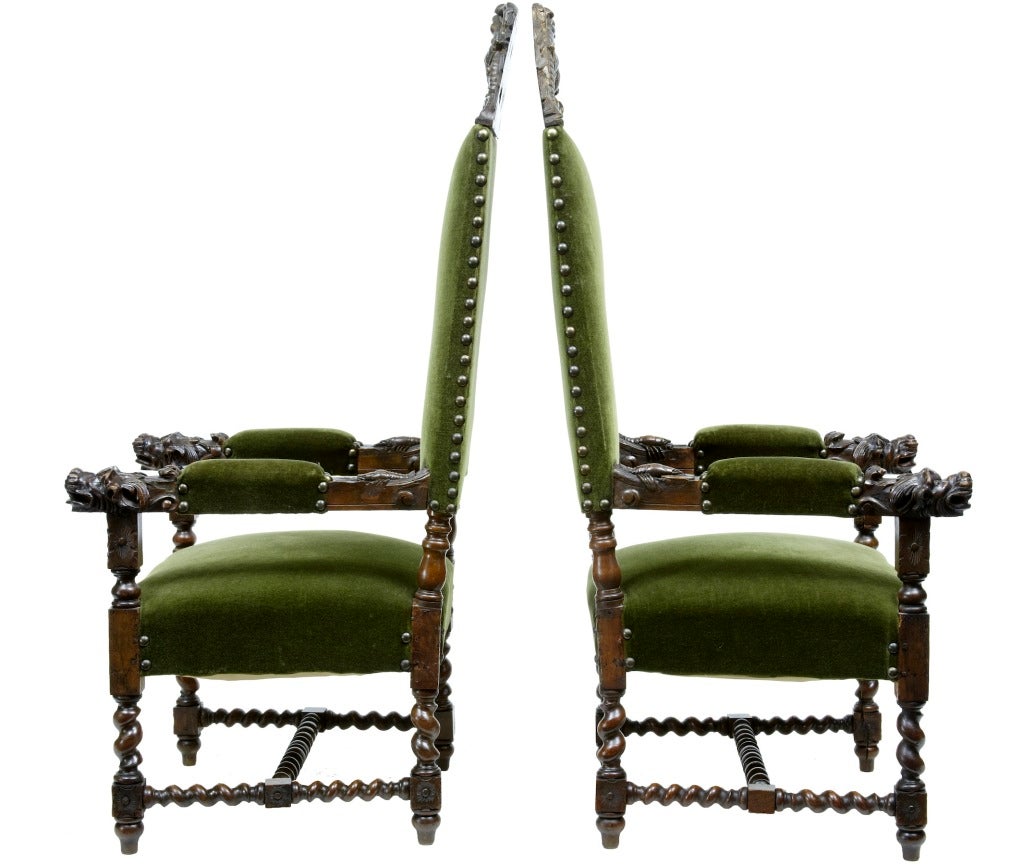 A Pair Of 19th Century Antique Carved Walnut Armchairs