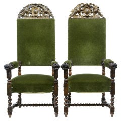 A Pair Of 19th Century Antique Carved Walnut Armchairs