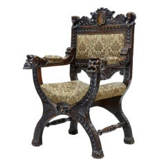 19th Century Antique Carved Oak X Frame Throne Chair