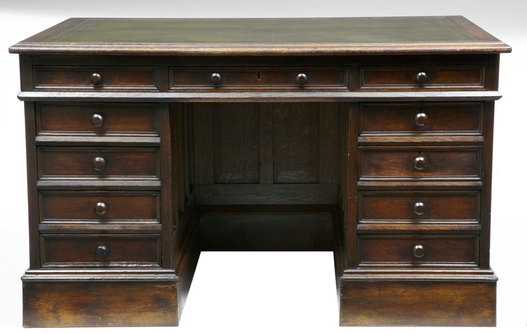 English 19th Century Antique Pugin Gothic Oak Pedestal Desk