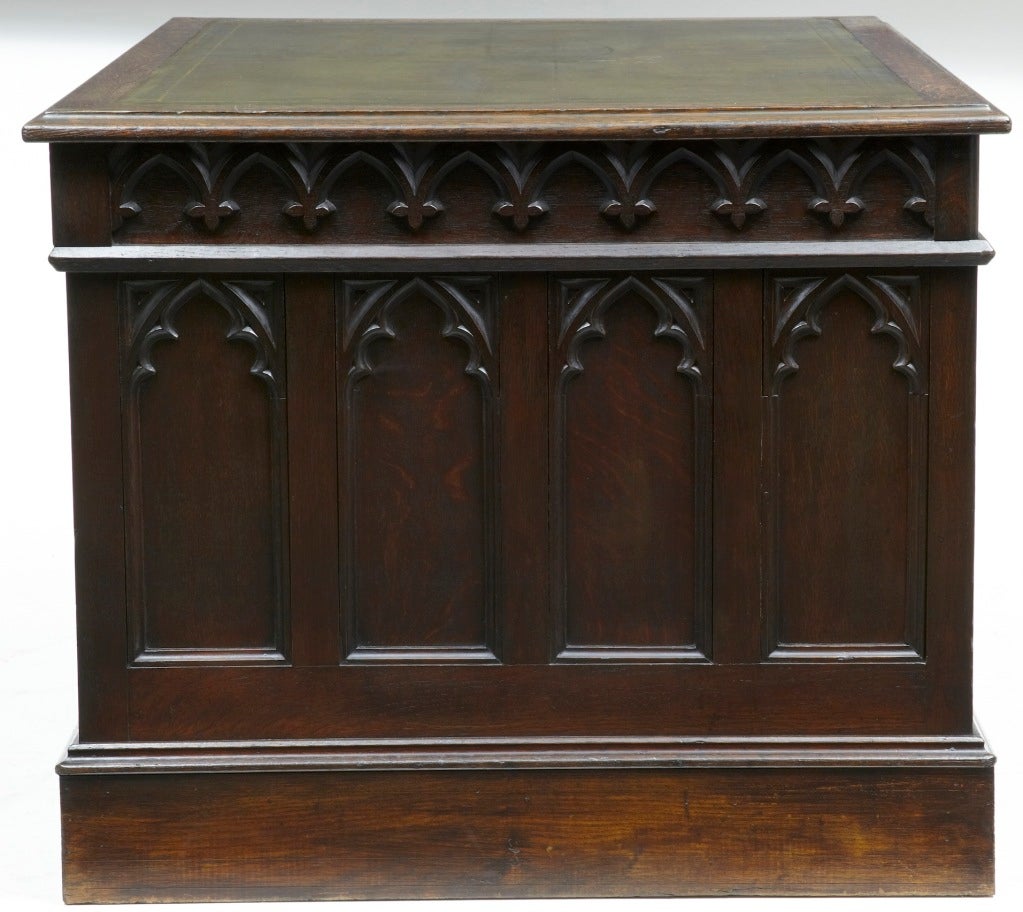 19th Century Antique Pugin Gothic Oak Pedestal Desk 1