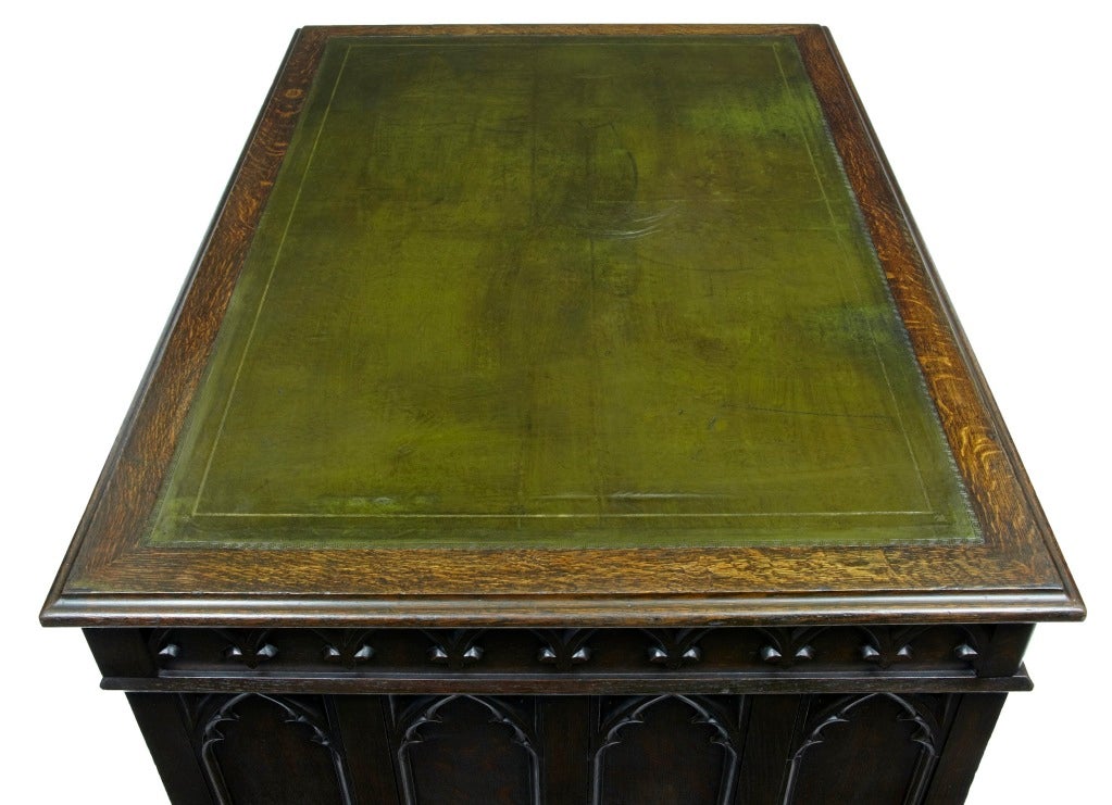 19th Century Antique Pugin Gothic Oak Pedestal Desk 2