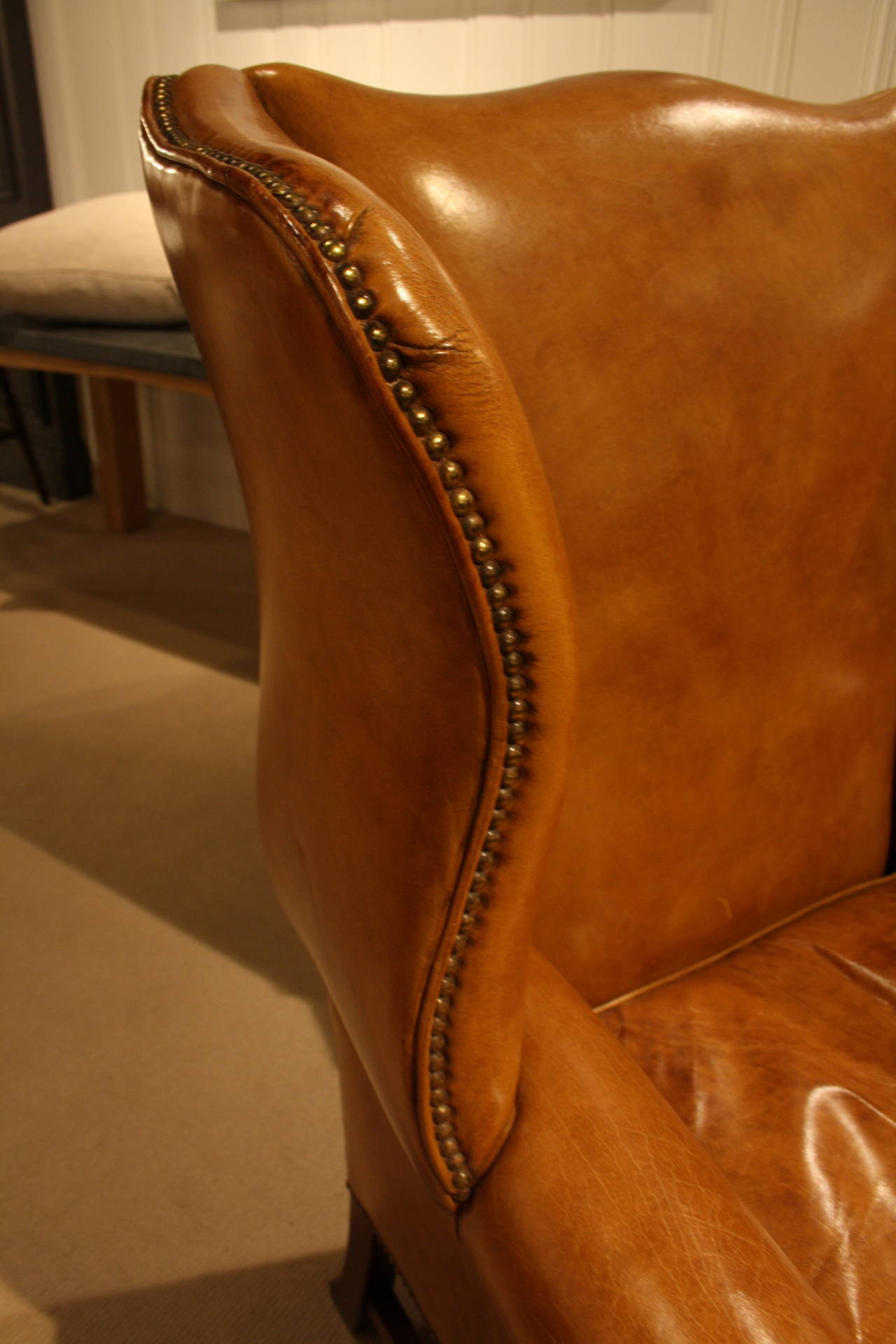 Brass Sudbury Wing Chair in Light Tan Leather