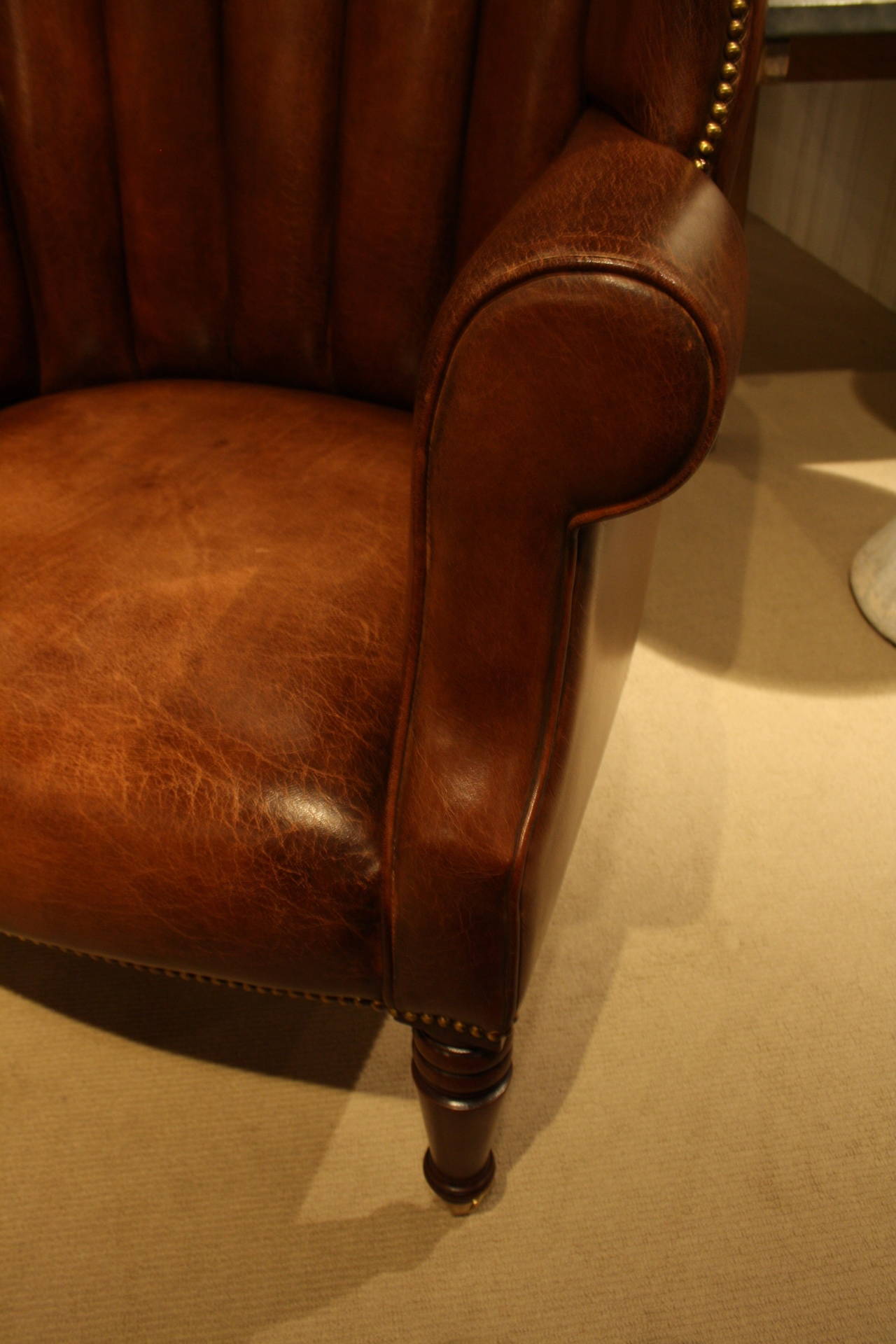 Selkirk Wing Chair in Dark Tan Leather In Excellent Condition For Sale In Atlanta, GA