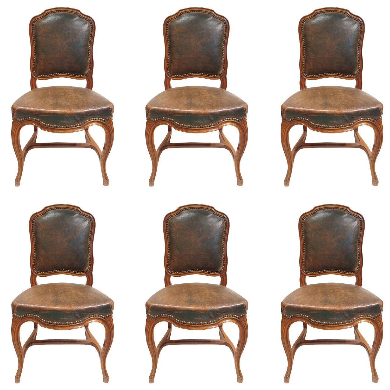 Small French Chair with Cabriole Leg in Green Leather, Set of Six at ...