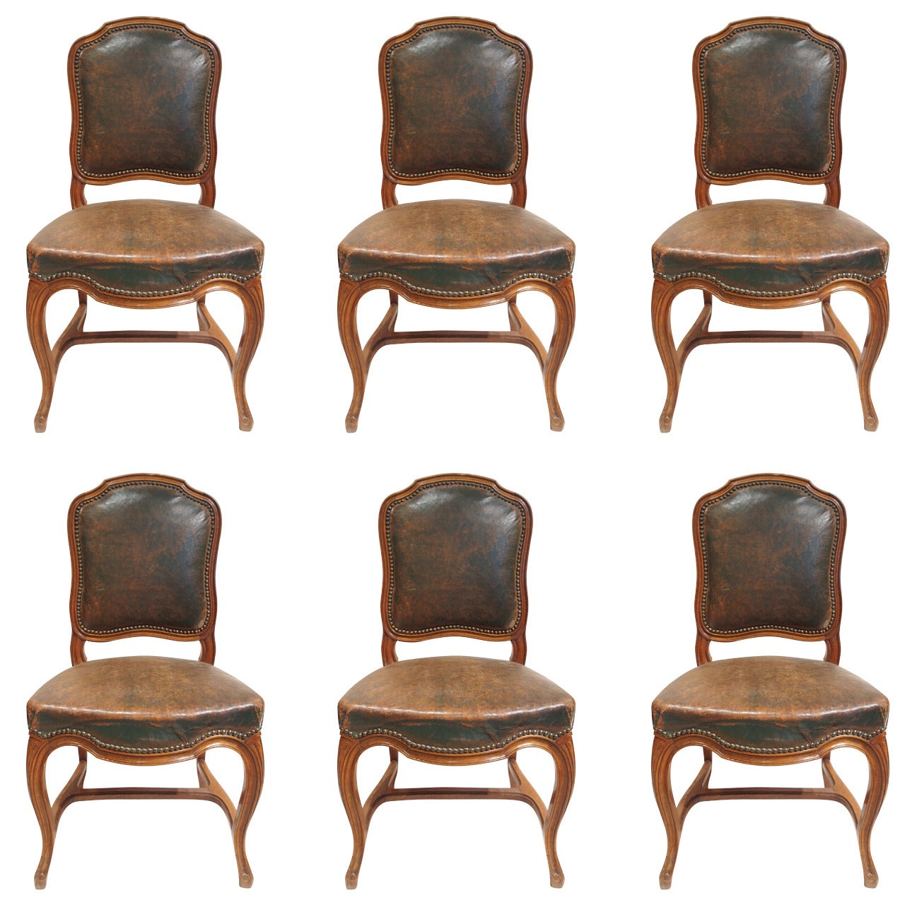 Small French Chair with Cabriole Leg in Green Leather, Set of Six