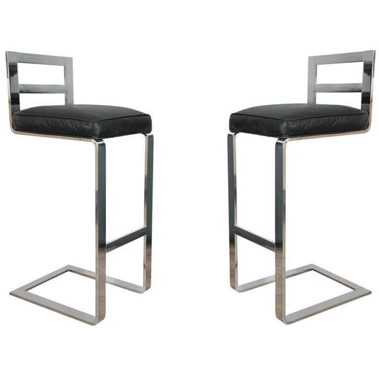 Pair Of Pace Collection Leather And Steel Barstools For Sale