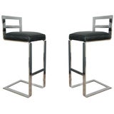 Pair Of Pace Collection Leather And Steel Barstools