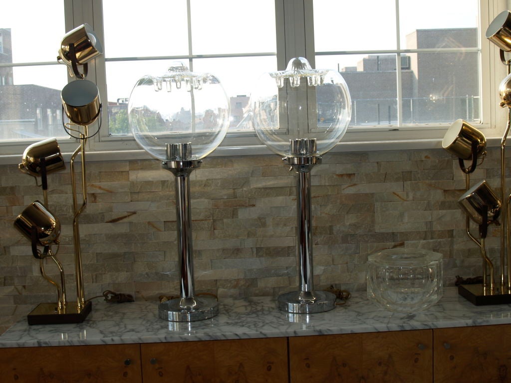 Pair of Space Age, 1970s Vistosi Chrome and Glass Table Lamps