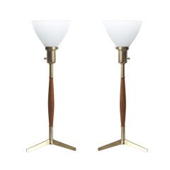 Pair of Two Mid-Century Brass and Wood Tripod Table Lamps