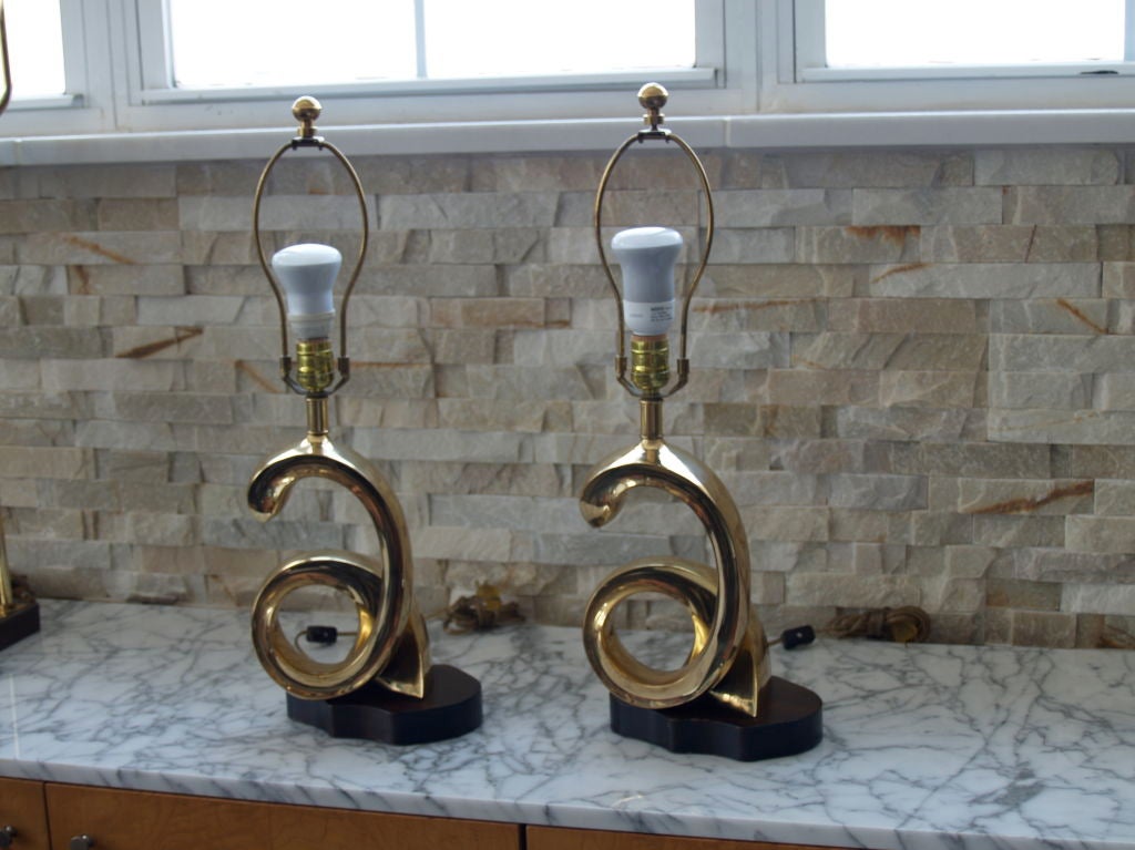 a pair of 1970's  Chapman brass/wood  table lamps (2)