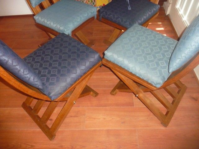 4 rare Harvey Probber chairs in excellent condition.<br />
they are very rare, especially in this teak finish.<br />
they are well made and very unique chairs.<br />
would look great on the outside deck.<br />
offered as a set of 4 or can be