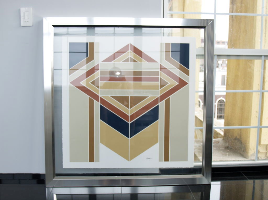 American 1970s Geometric lithograph in floating  chrome and glass frame For Sale