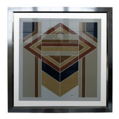 1970s Geometric lithograph in floating chrome and glass frame 3