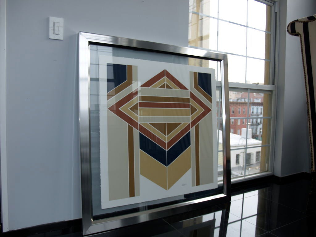 Glass 1970s Geometric lithograph in floating  chrome and glass frame For Sale