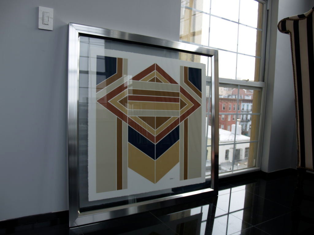 1970s Geometric lithograph in floating  chrome and glass frame For Sale 1