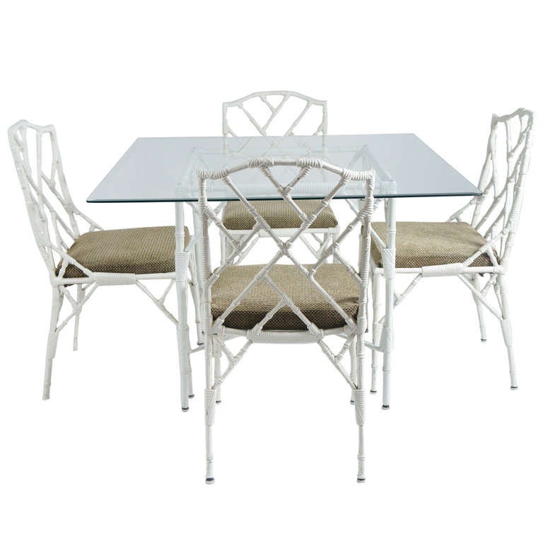 Faux Bamboo Metal Dinette Set with Four Matching Chairs For Sale