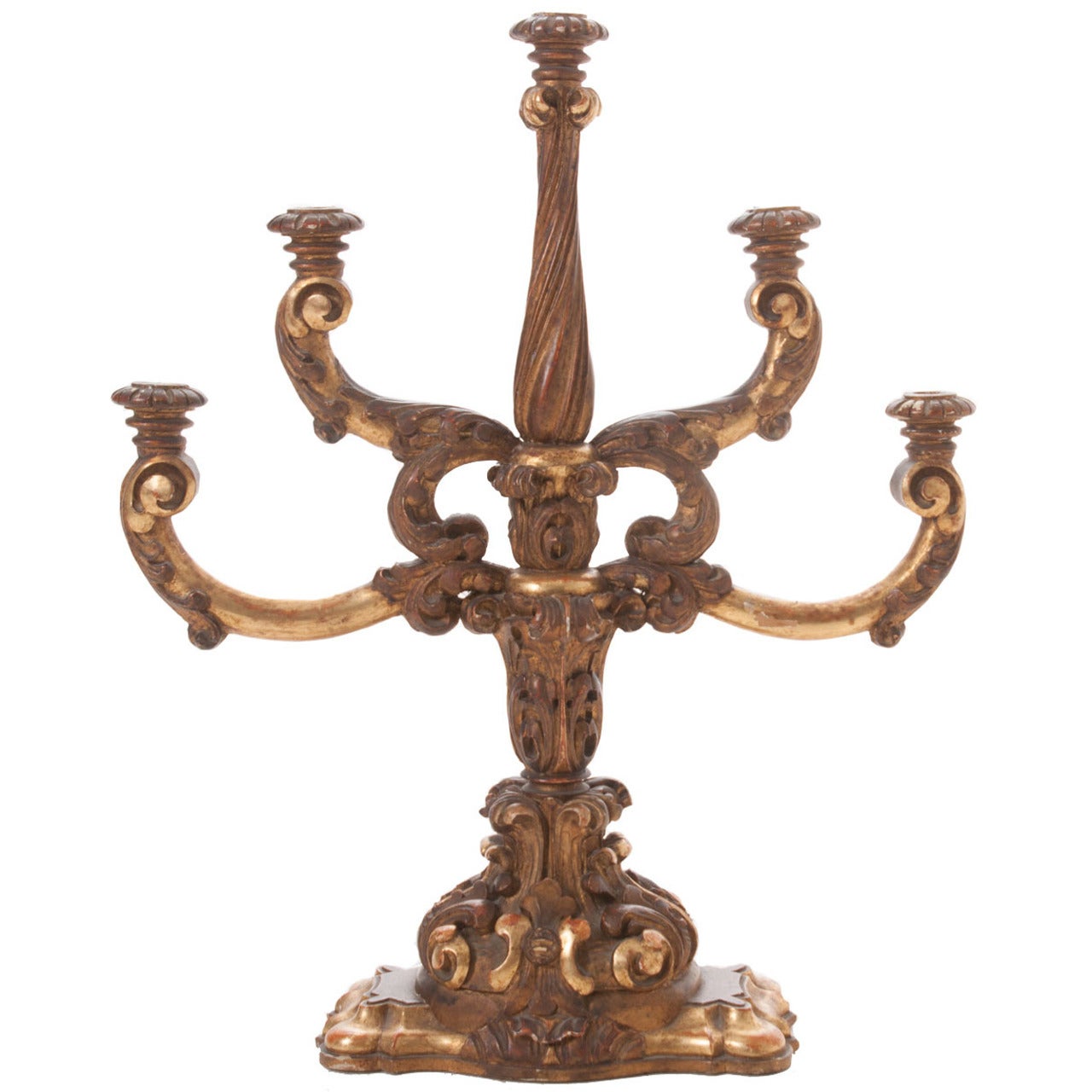 Italian 19th Century Carved Gold Gilt 5 Arm Candelabra