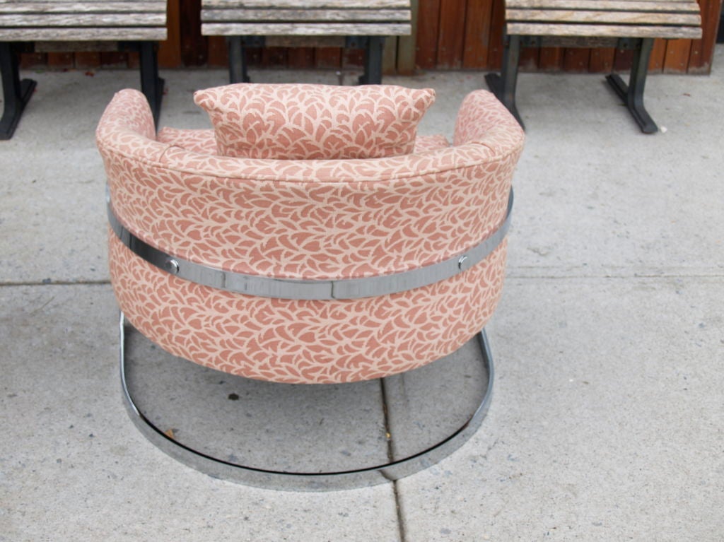 Upholstery Milo Baughman chrome barrel lounge chairs