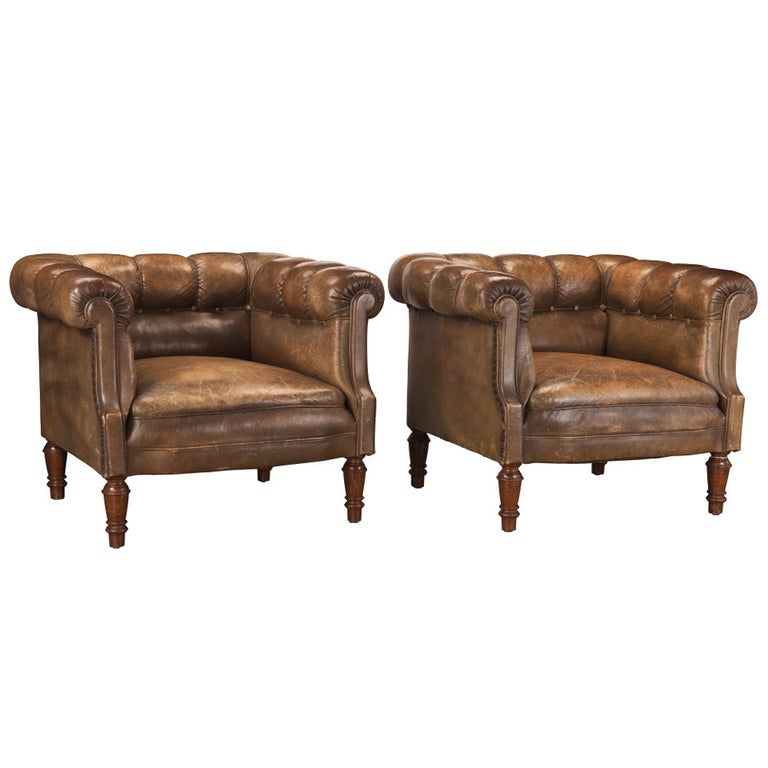 Pair of Tufted Leather Club Chairs at 1stDibs