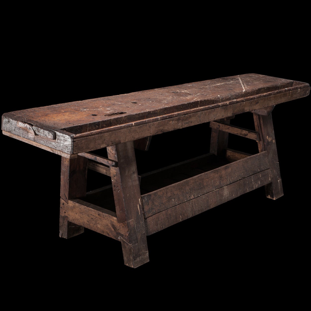 Solid pine workbench, with beautiful patina and original paint splatters.

Made in France circa 1870.