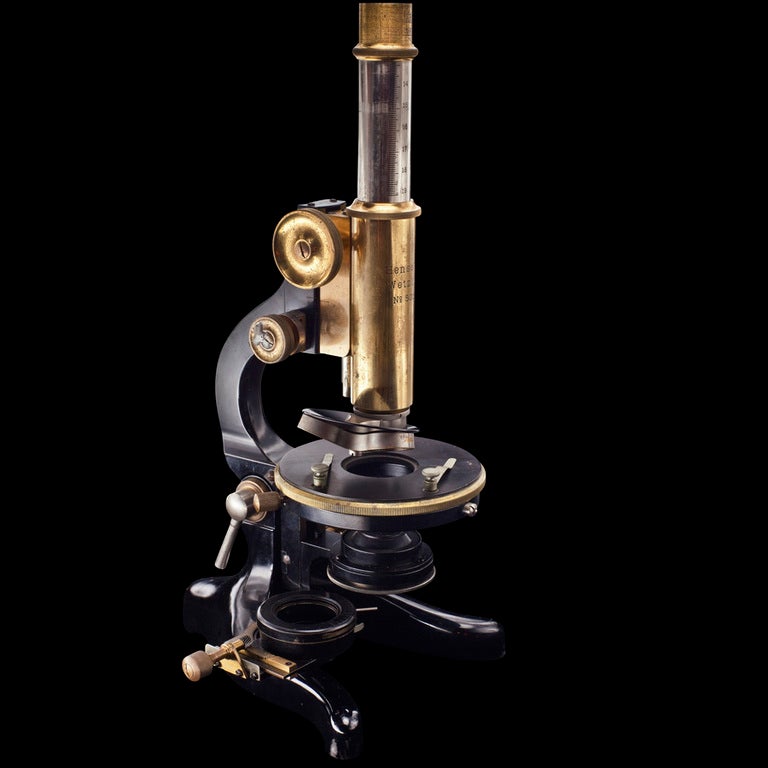 hensoldt brass microscope with accessories and original case
