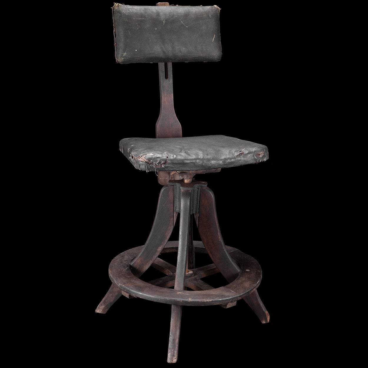 Early wooden swivel stool with adjustable height (22.5