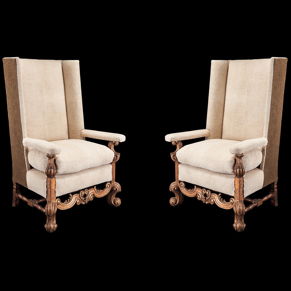 French Unusual Pair of Wingback Armchairs