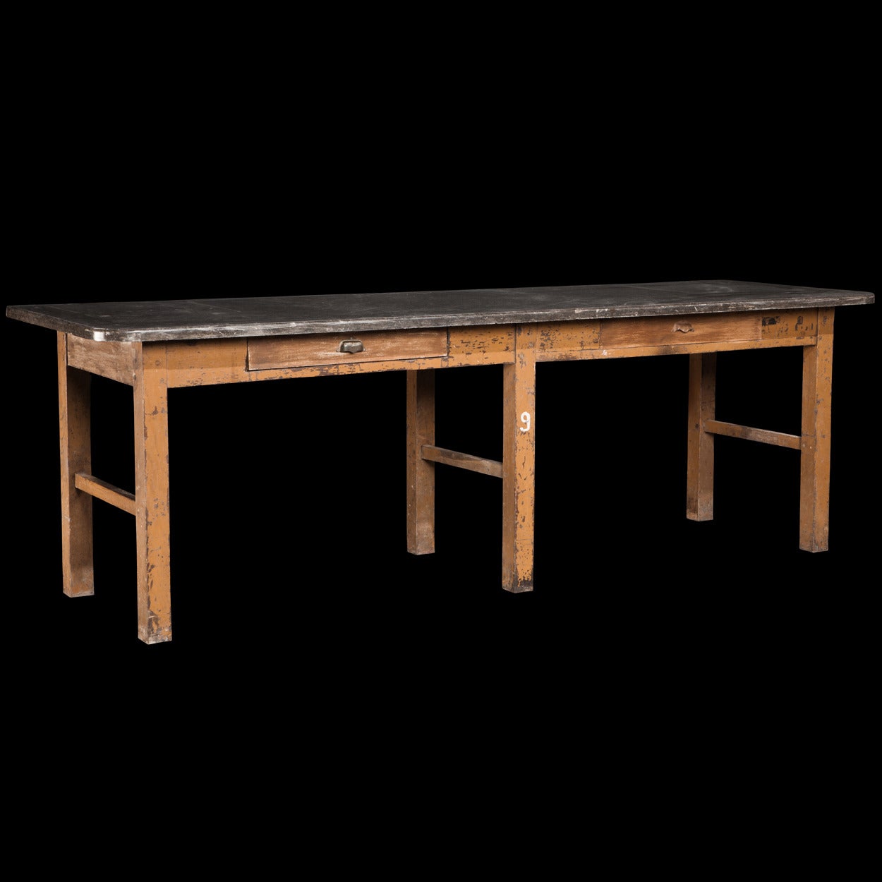 Lab table with solid marble top and oak body, marked no. 9. 

Made in England circa 1930.