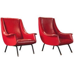 Pair of Red Vinyl  Modern Arm Chairs