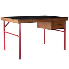 Vintage Black Top Wood Desk on Red Metal Base