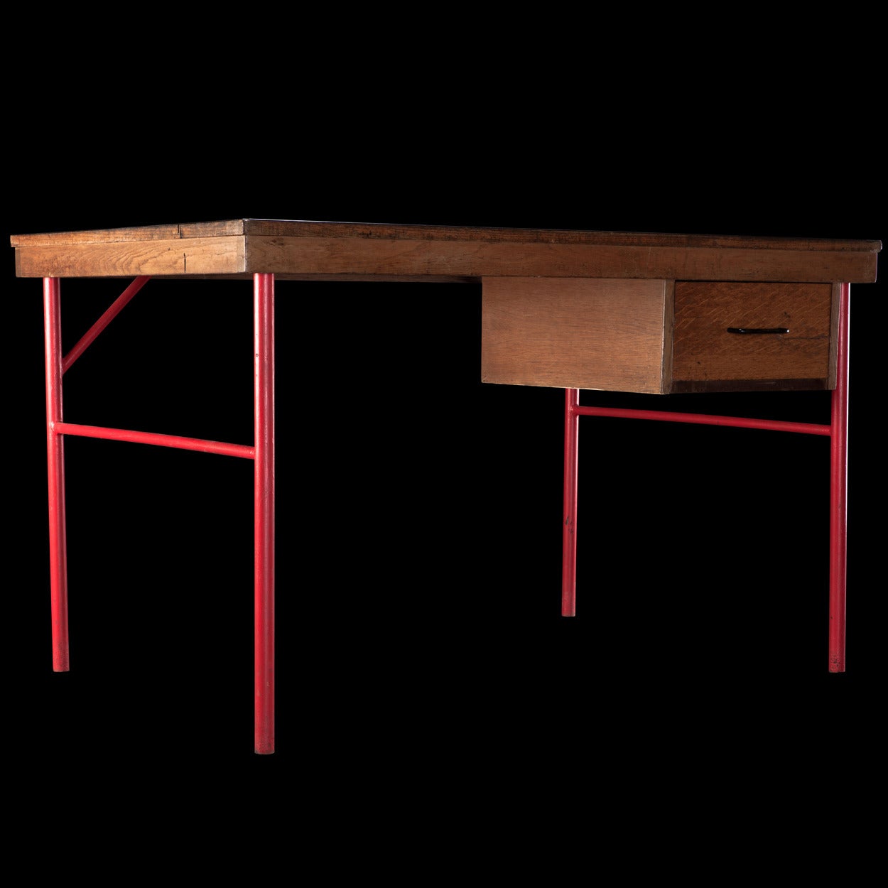 French Black Top Wood Desk on Red Metal Base