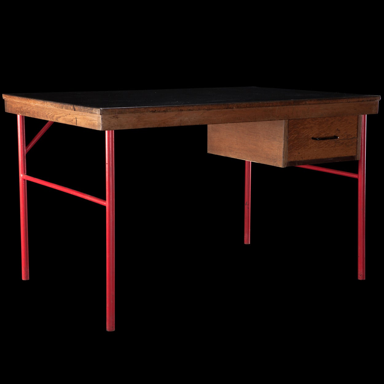 Mid-Century Modern Black Top Wood Desk on Red Metal Base