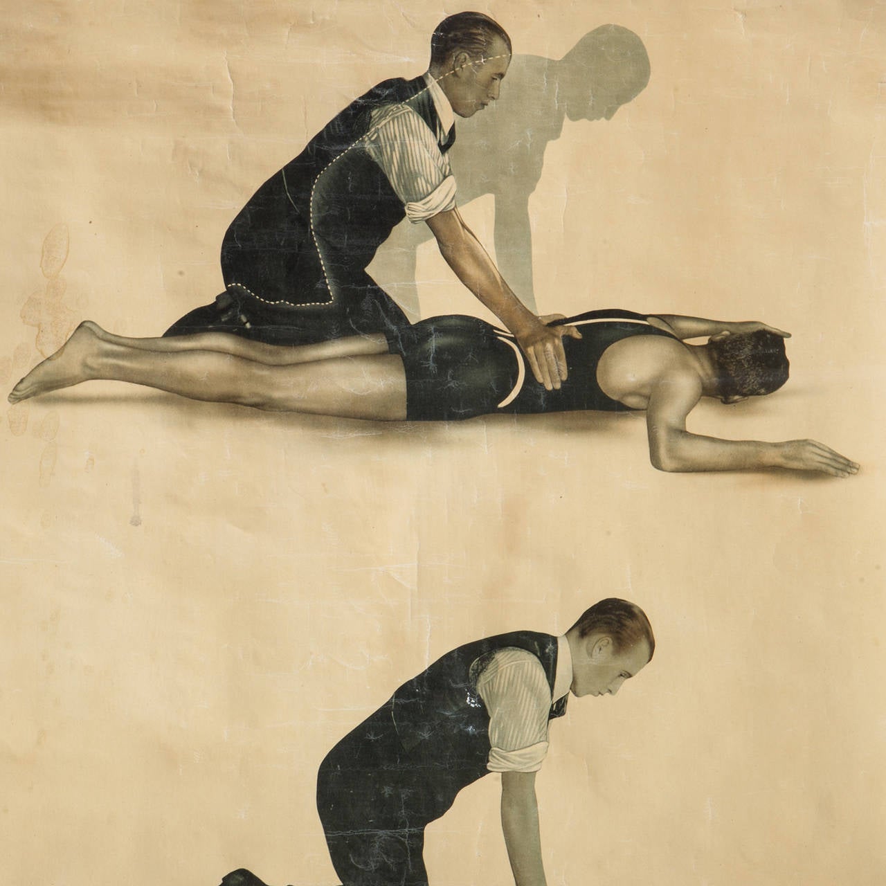 antique poster, created by The St. John Ambulance Association demonstrating a respiration maneuver. 

England circa 1920.