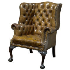 Antique Monumental English Leather Library Wingback Chair