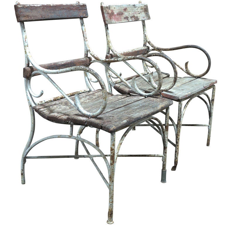 Pair of Iron and Wood Garden Chairs at 1stDibs