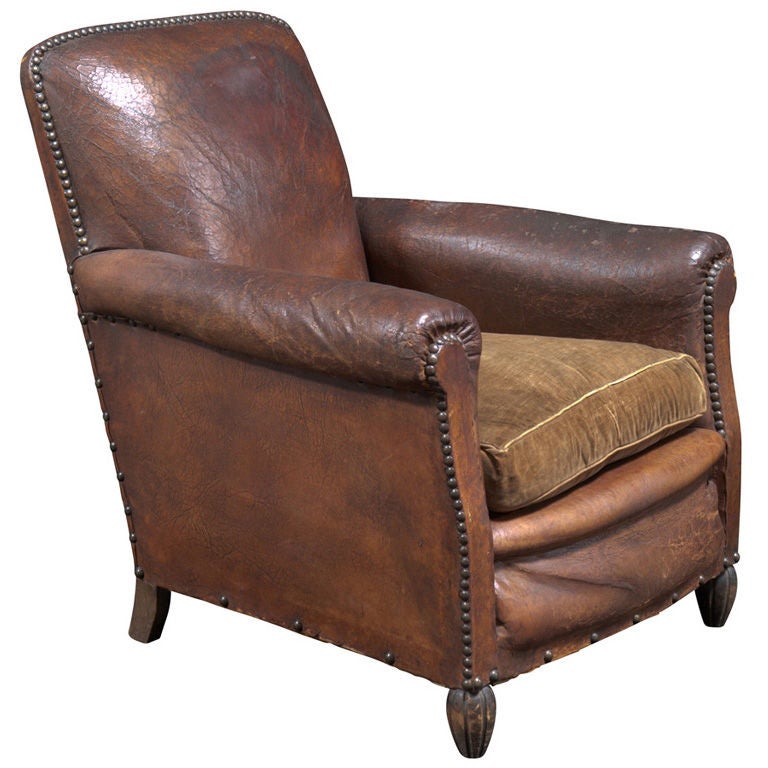 French 19th Century Leather Club Chair with Velvet Cushion