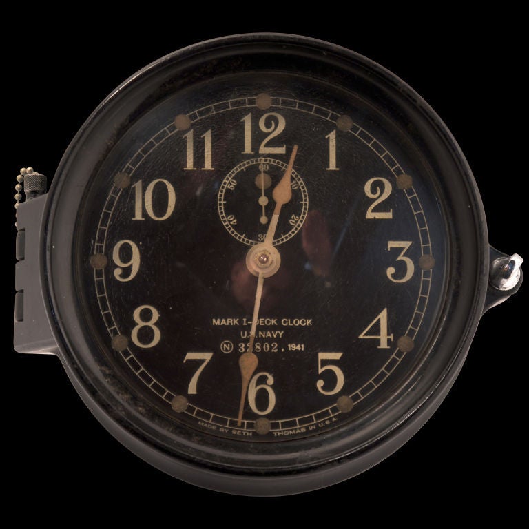 U.S. Navy deck clock, with original face, green hands, second dial Chelsea Clock Company.