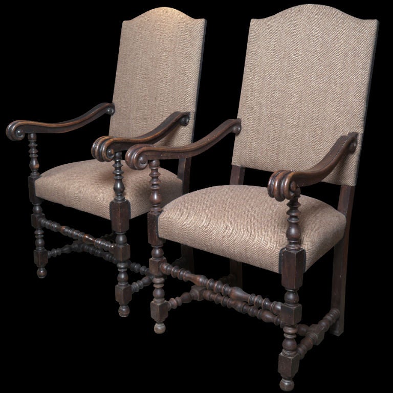 Pair of Hand Carved Roll Arm Chairs In Harris Tweed