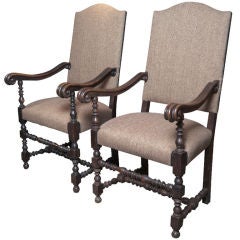 Pair of Hand Carved Roll Arm Chairs In Harris Tweed